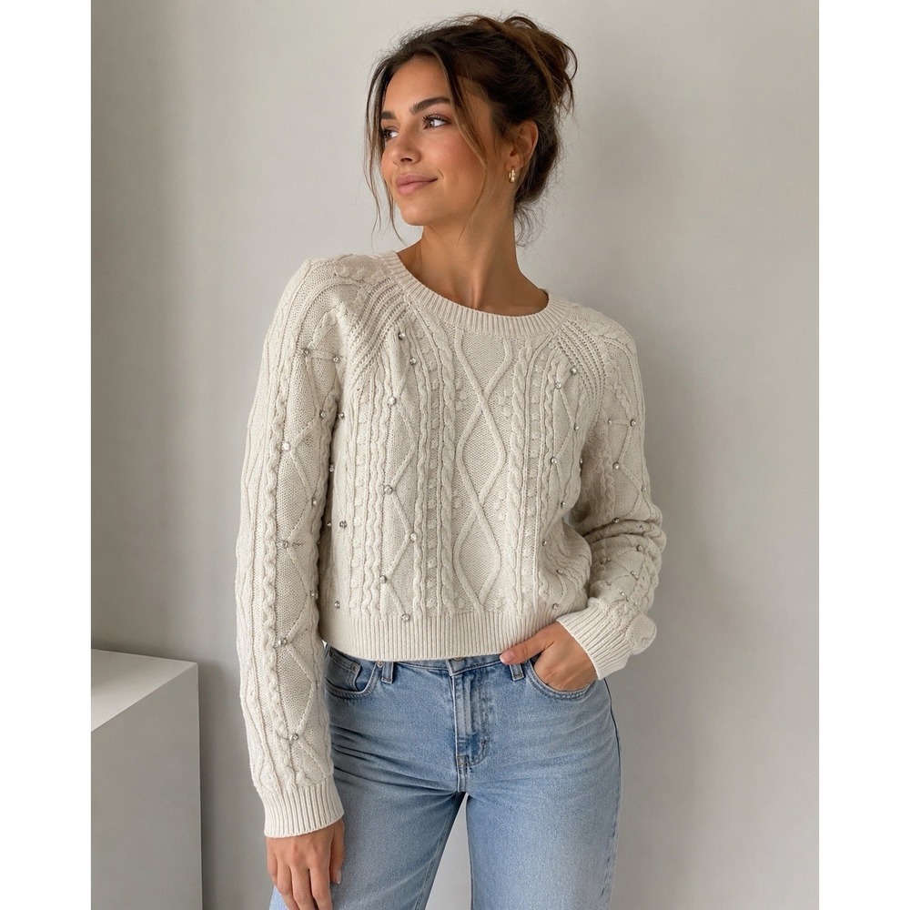 Twentyfourseven Cream Cable Knit Sweater Rhinestone‎ Coquette Fairycore Size XS